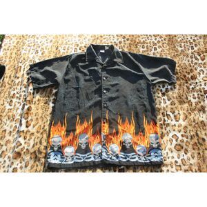 Anchor Blue Oakley Software Style Flame Button Up AOP Vintage Grunge Y2K Sz L